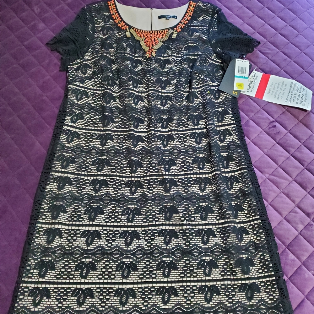 Sangria black lace dress with beaded neckline - Size 16
